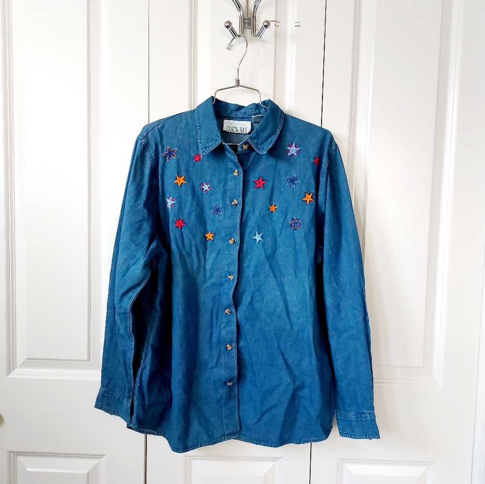 Stars Chambray/Denim‎ Shirt Large Casey & Max 90s Patriotic Astronomy Western